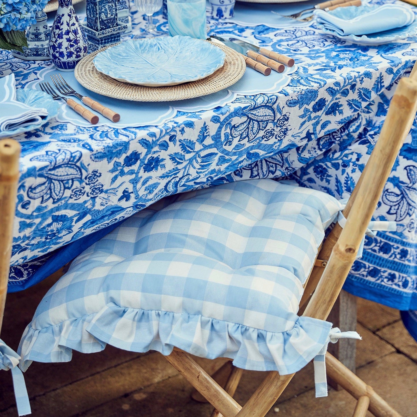 Blue Gingham Ruffle Seat Pad Cushion (Set of 4)