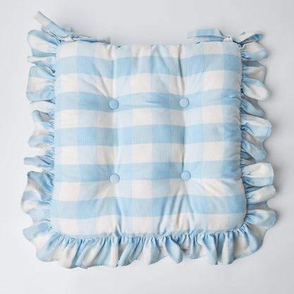 Blue Gingham Ruffle Seat Pad Cushion (Set of 4)
