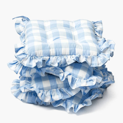 Blue Gingham Ruffle Seat Pad Cushion (Set of 4)