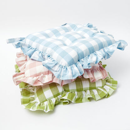 Blue Gingham Ruffle Seat Pad Cushion (Set of 4)