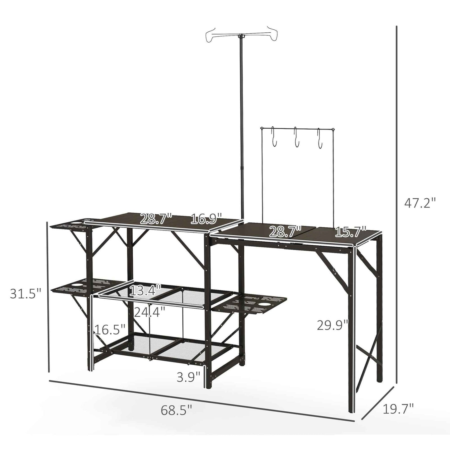 Folding Camp Kitchen Cooking Station with Lamp Stand, Shelves & Utensil Hooks