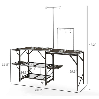 Folding Camp Kitchen Cooking Station with Lamp Stand, Shelves & Utensil Hooks