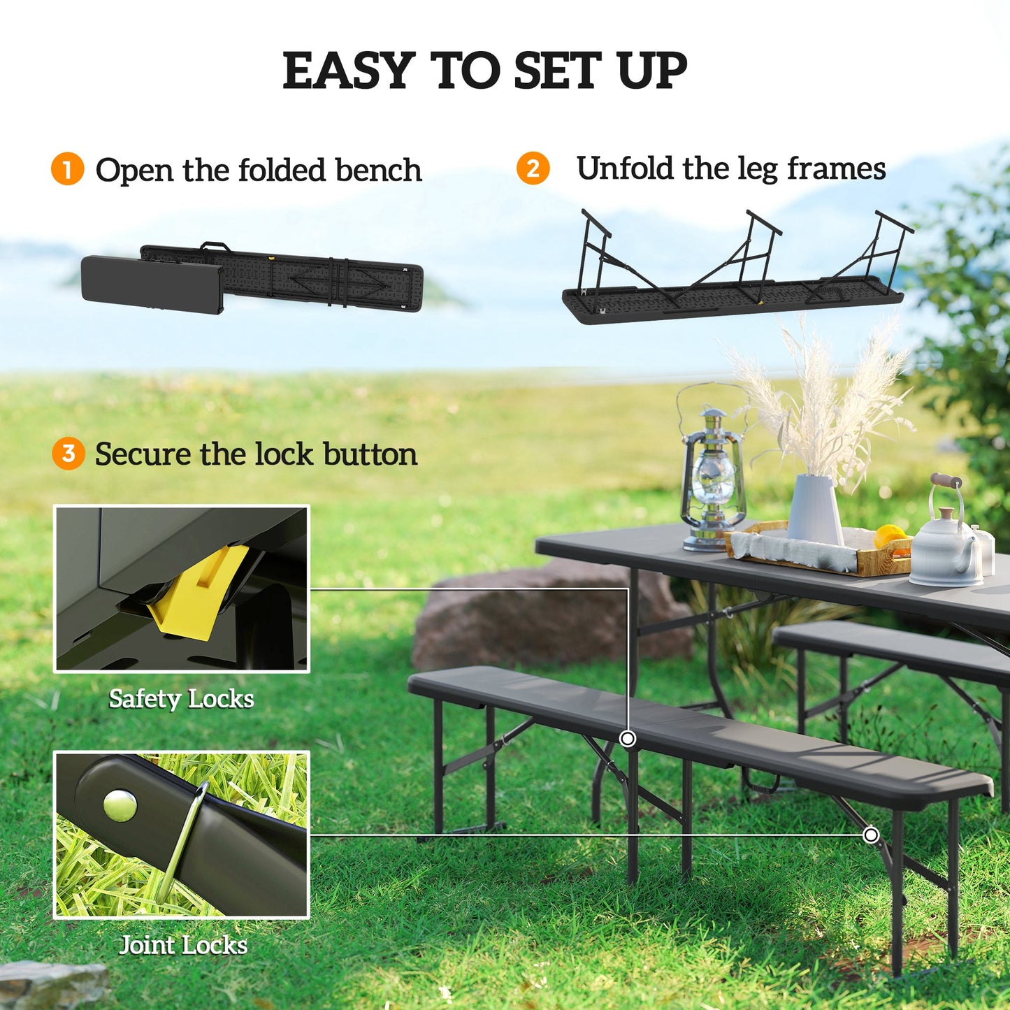 6 FT Folding Camping Bench Set of 2 | 529 lb Capacity, HDPE Top with Carry Handle