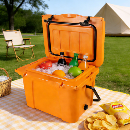 25QT Rotomolded Hard Cooler | 5-Day Ice Retention, Bottle Opener & Cup Holder – Orange
