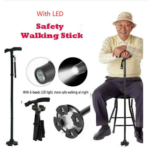 Folding Walking Cane with LED Flashlight – 5 Adjustable Heights, 360° Anti-Slip Base for Hiking & Travel