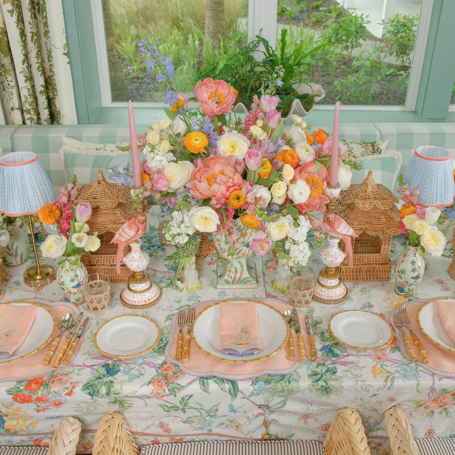 Eloise Coral & Blue Linen Placemats & Parrot Napkins (Set of 4)