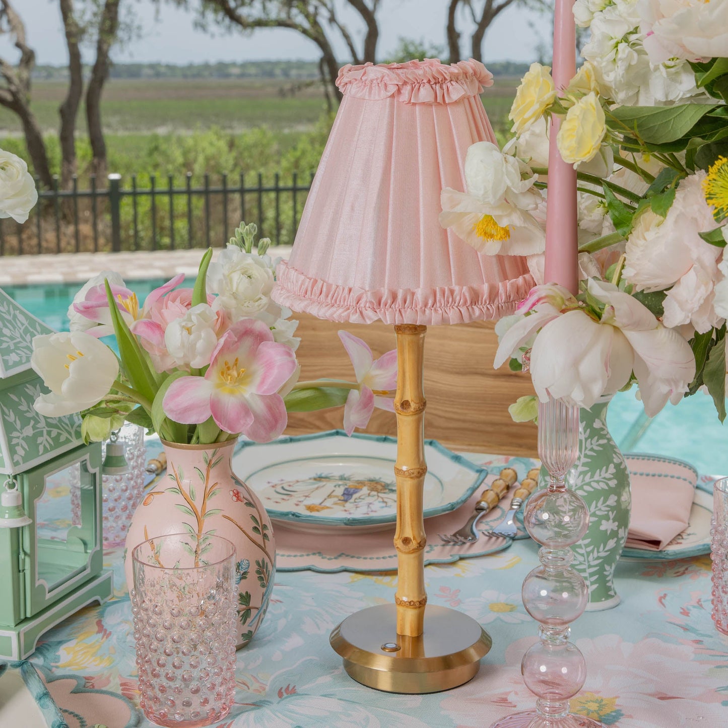 Bamboo Rechargeable Lamp with Pale Pink Silk Frilled Shade (18cm)