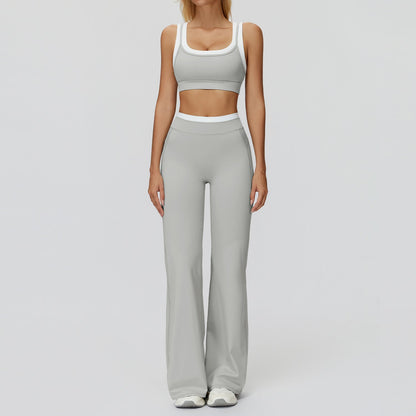 Women's Contrast Sports Bra & Leggings or Wide-Leg Flared Pants Set – Active Workout Set