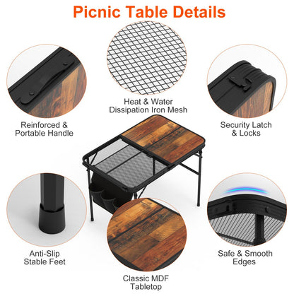 Adjustable Height Folding Camping Table with Hanging Storage Net – 66 lb. Capacity