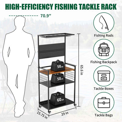 Rolling Fishing Rod & Tackle Organizer Cart with Pegboard – Multi-Tier, Lockable Wheels