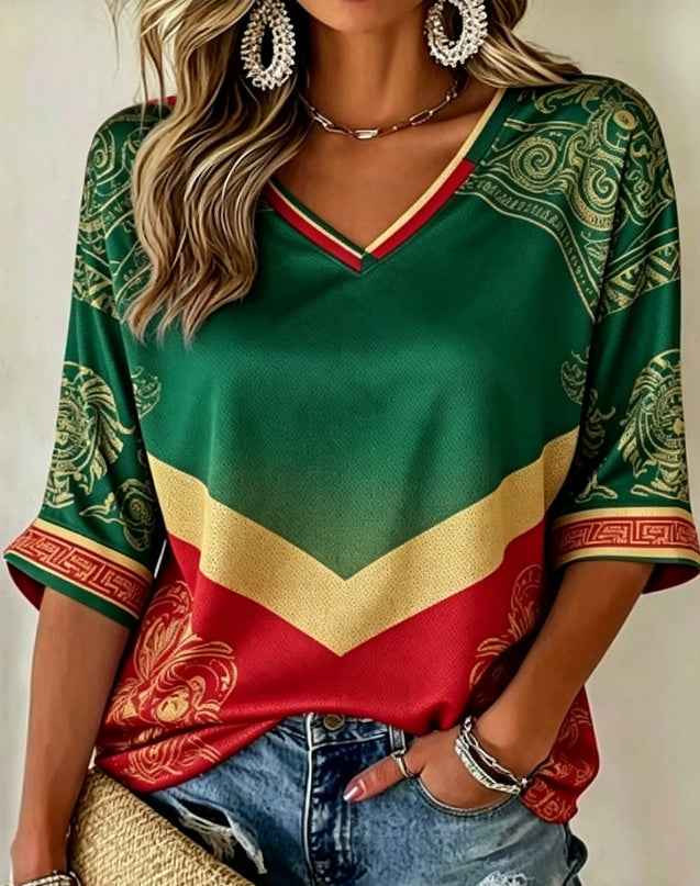Women's 3D Print Drop-Shoulder V-Neck Top – Casual Graphic Tee