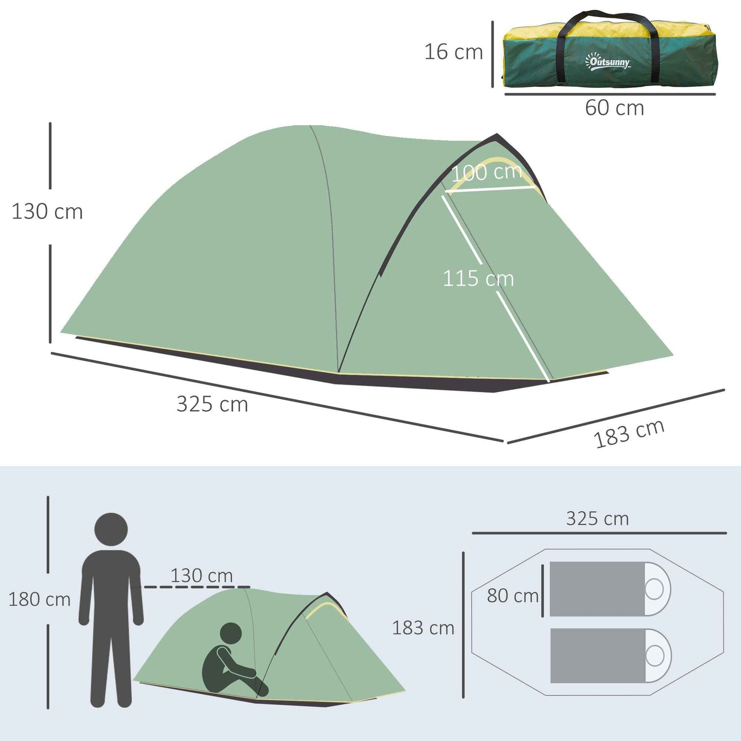 2-Person Dome Camping Tent – Waterproof with Front Vestibule, Large Windows & Carry Bag | Green & Yellow