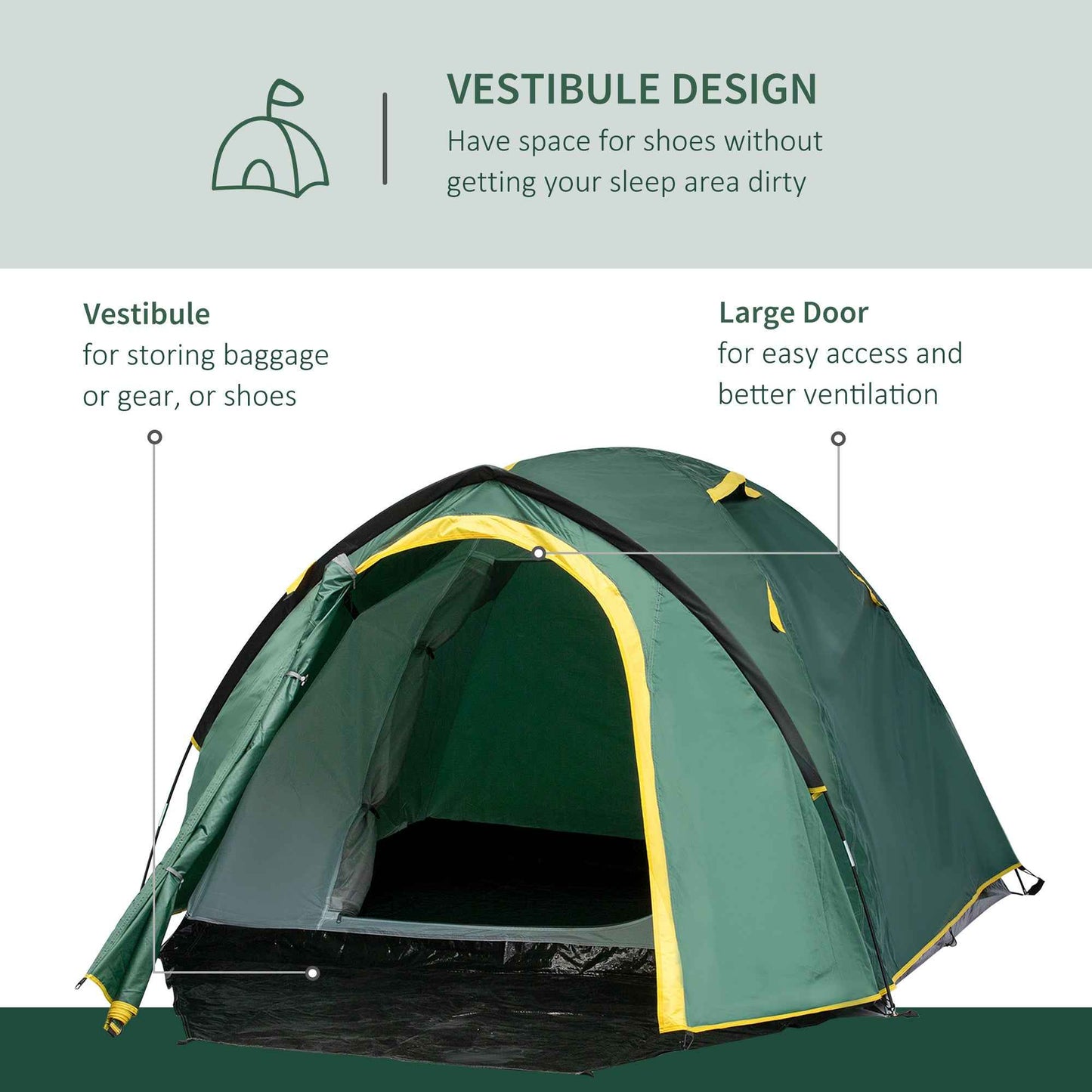 2-Person Dome Camping Tent – Waterproof with Front Vestibule, Large Windows & Carry Bag | Green & Yellow