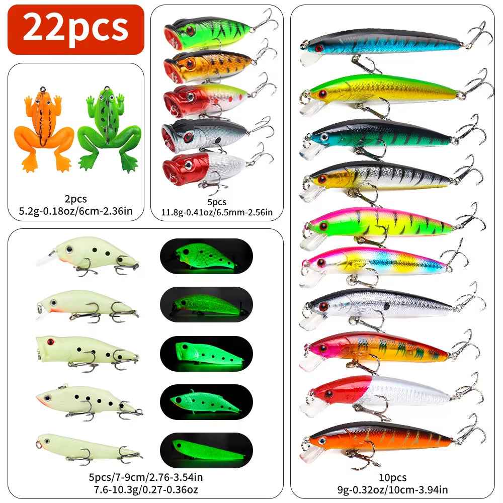 22-Piece Hard Fishing Lure Kit – Topwater & Midwater, Minnow, Popper, VIB, Pencil
