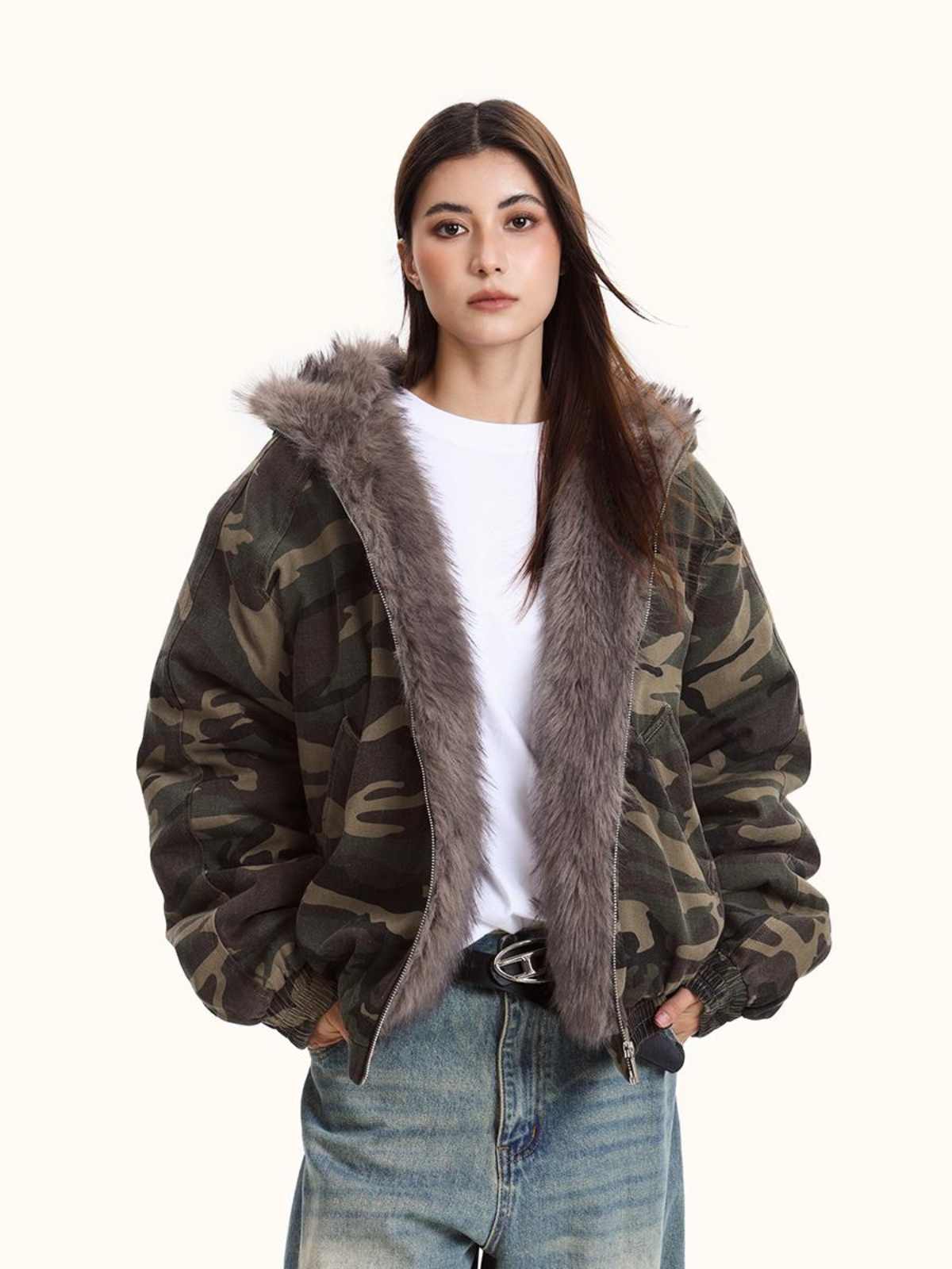Women's Hooded Camouflage Fleece-Lined Jacket – Warm Outdoor Outerwear