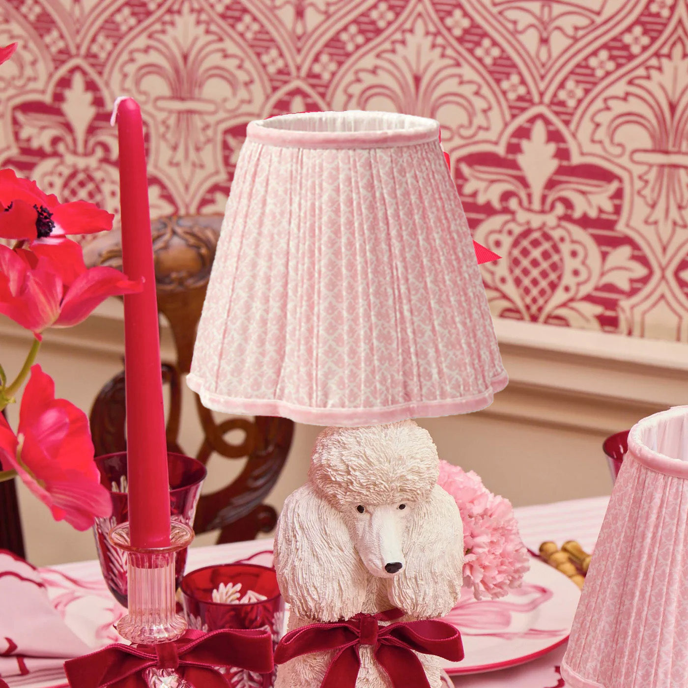 Red Ribboned Fifi Poodle Rechargeable Lamp with Pink Lotus Shade (18cm)