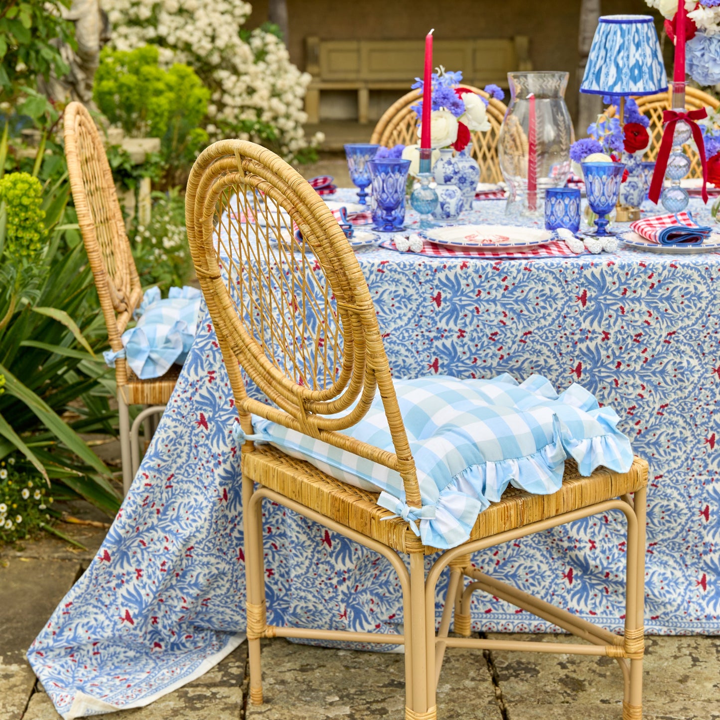 Blue Gingham Ruffle Seat Pad Cushion