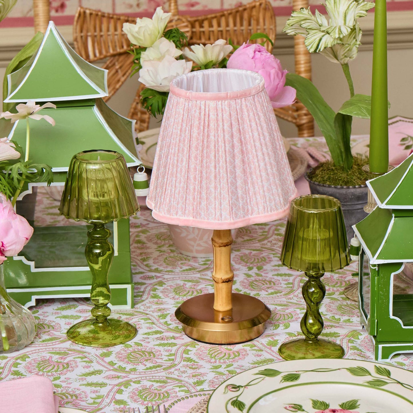 Bamboo Short Rechargeable Lamp with Pink Lotus Shade (18cm)