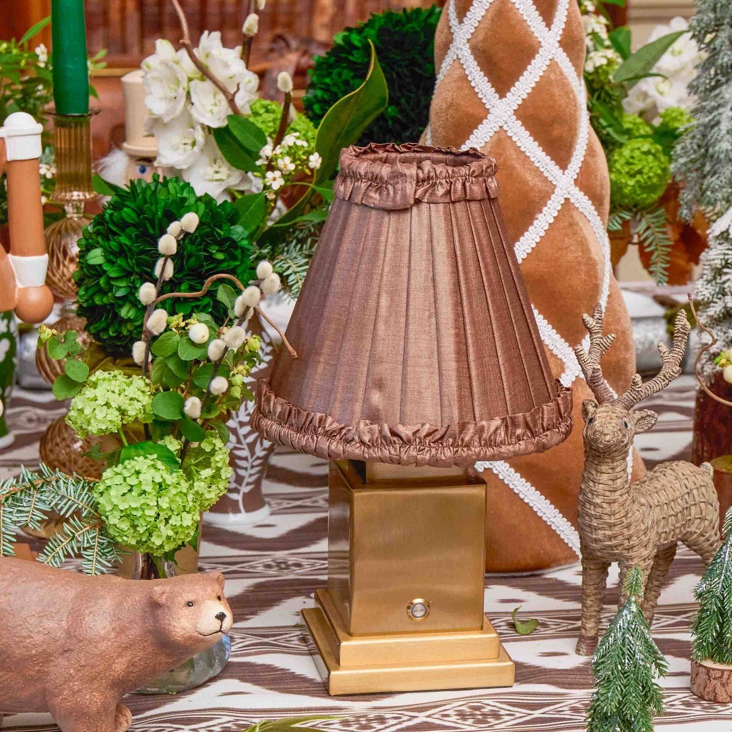 Square Rechargeable Lamp with Brown Frilled Silk Shade (18cm)