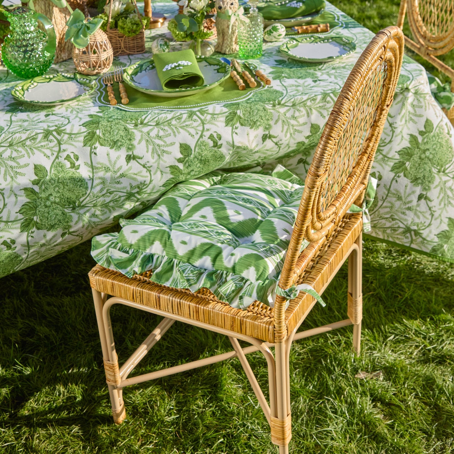 Frilled Green Ikat Seat Pad Cushion