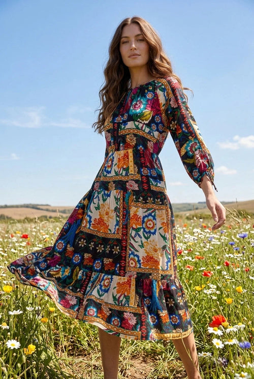 Johnny Was Brona Floral Silk Midi Dress C32525-8
