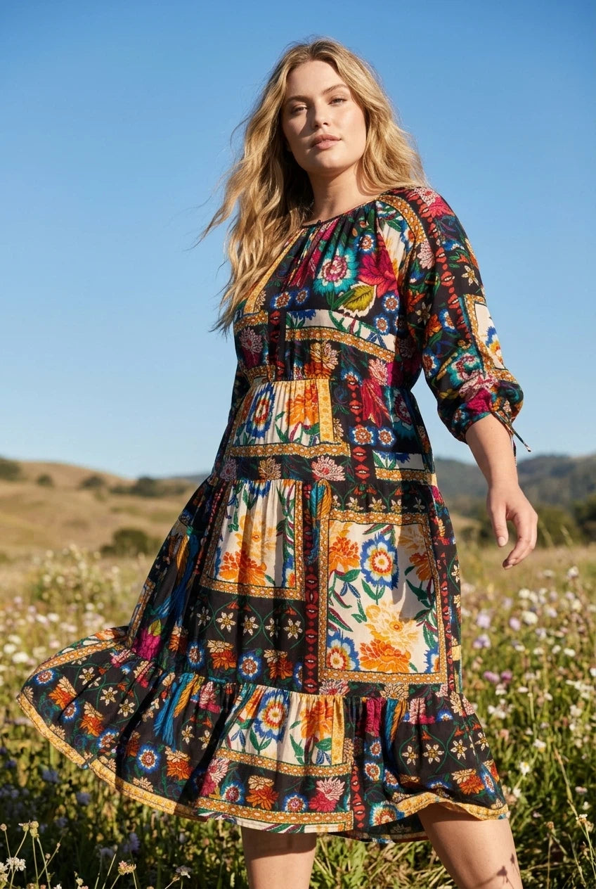 Johnny Was Brona Floral Silk Midi Dress C32525-8 Plus Size