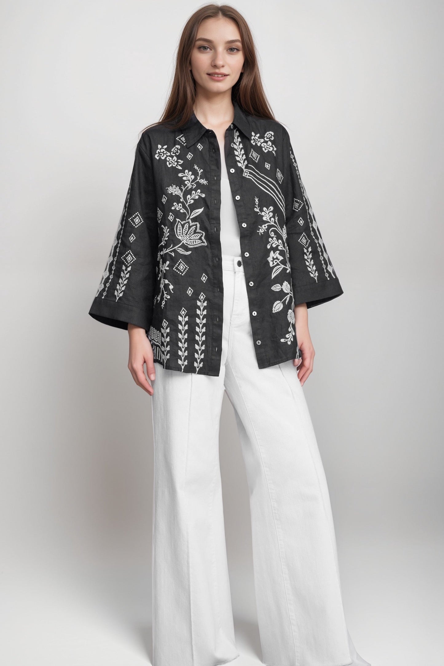 Johnny Was JWLA Kimono Sleeve Linen Shirt J15524 *