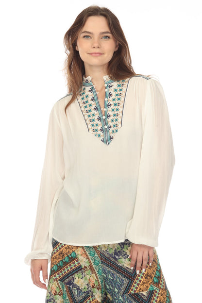 Johnny Was Love White Paola Embroidered Henley Blouse L13722