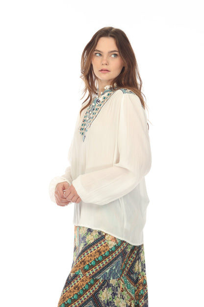 Johnny Was Love White Paola Embroidered Henley Blouse L13722