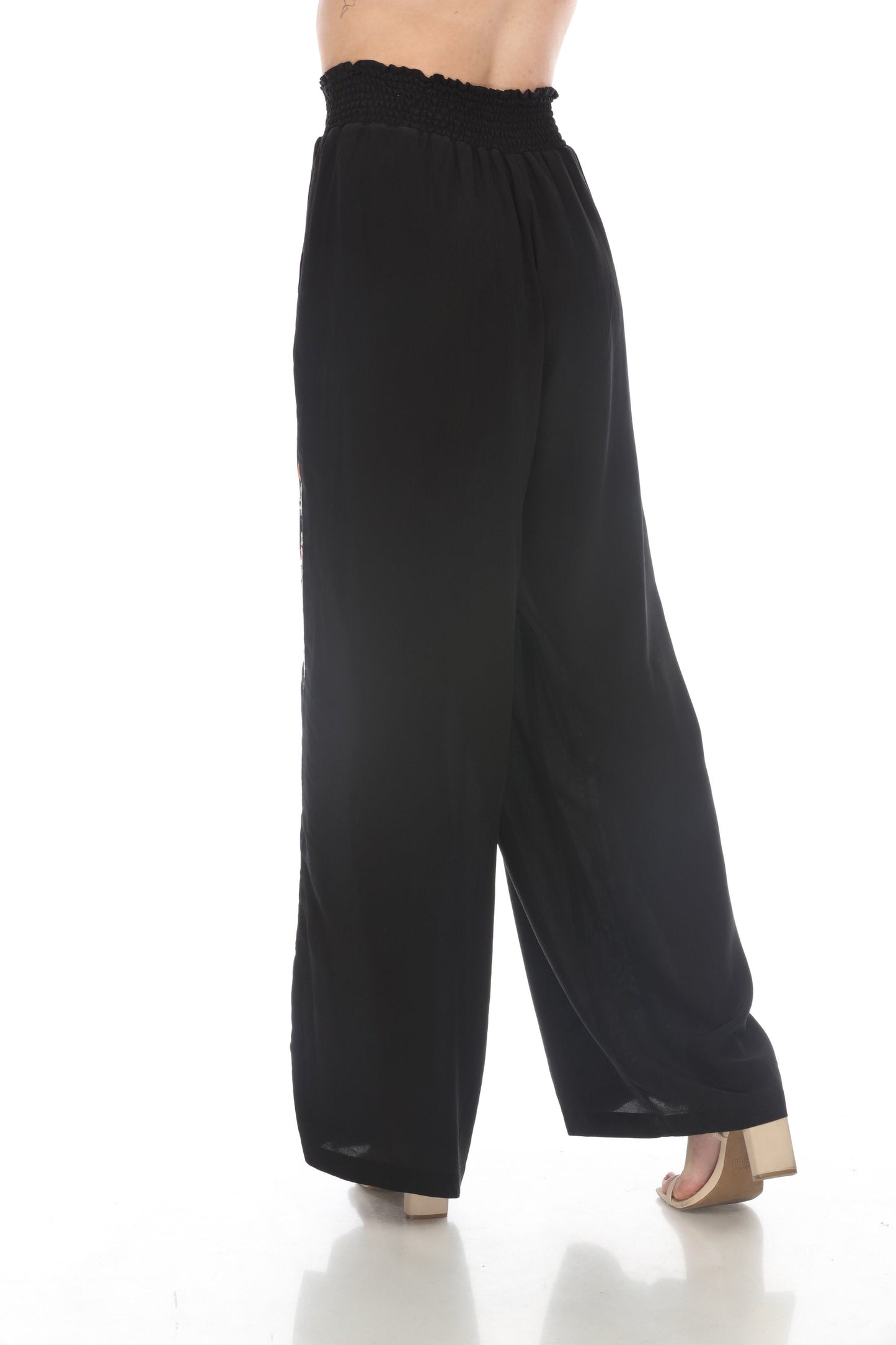 Johnny Was Workshop Black Silk Smocked Wide Leg Pants W62224
