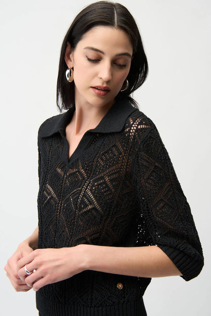 Joseph Ribkoff Black Open Knit 3/4 Sleeve Polo Sweater 261929
