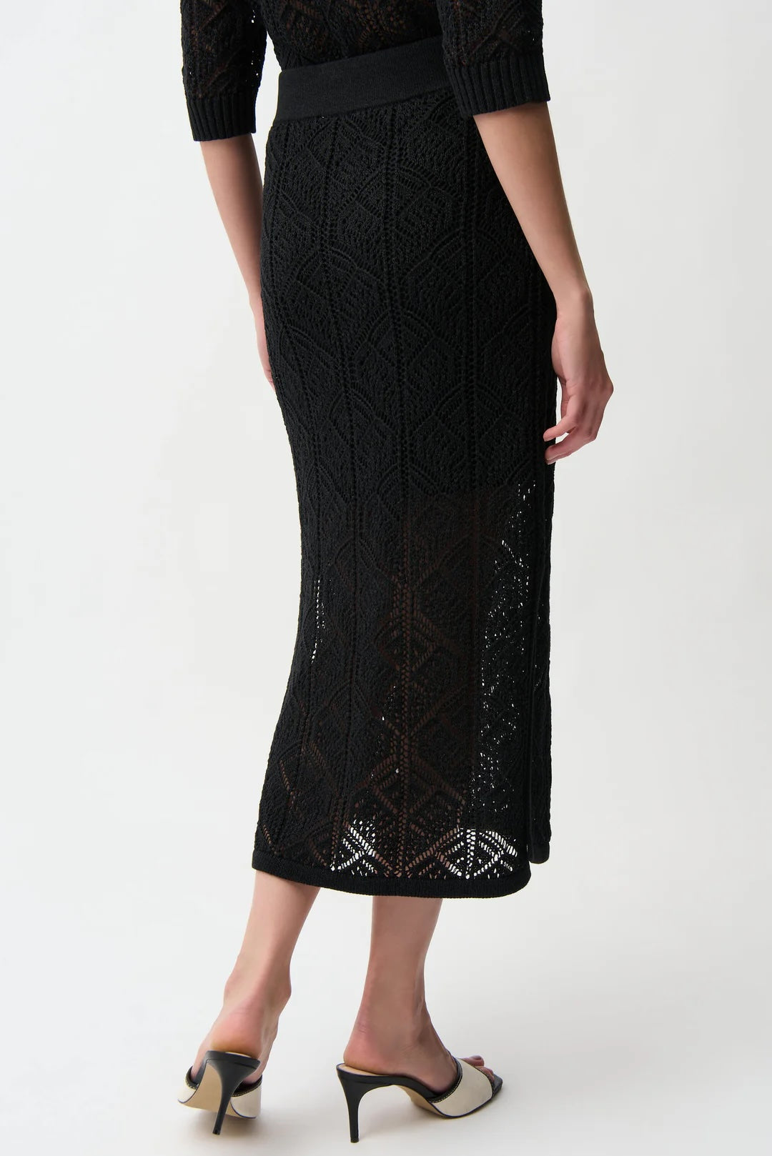 Joseph Ribkoff Black Open Knit High Waist Midi Pencil Skirt 261928