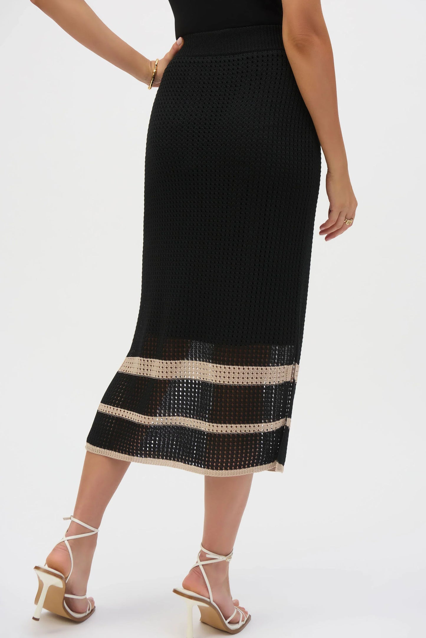 Joseph Ribkoff Black/Parchment Striped Open Knit Midi Skirt 252923-R