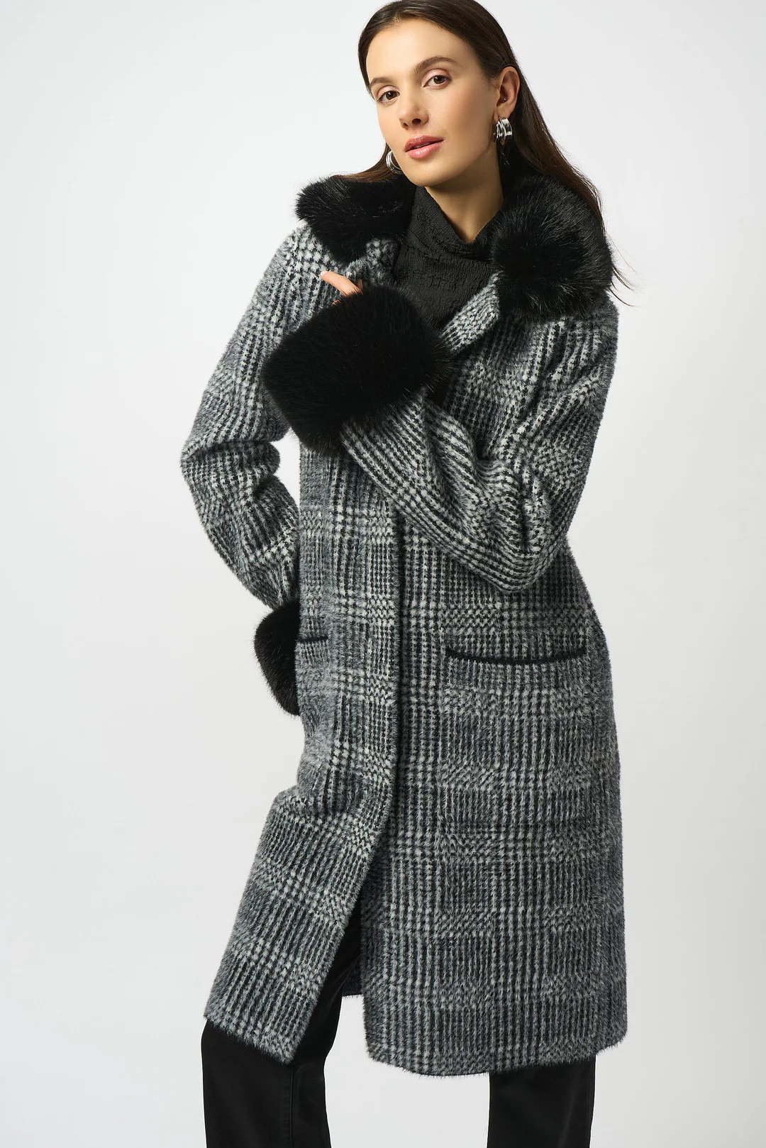 Joseph Ribkoff Black/White Plaid Print Faux Fur Coat 253900