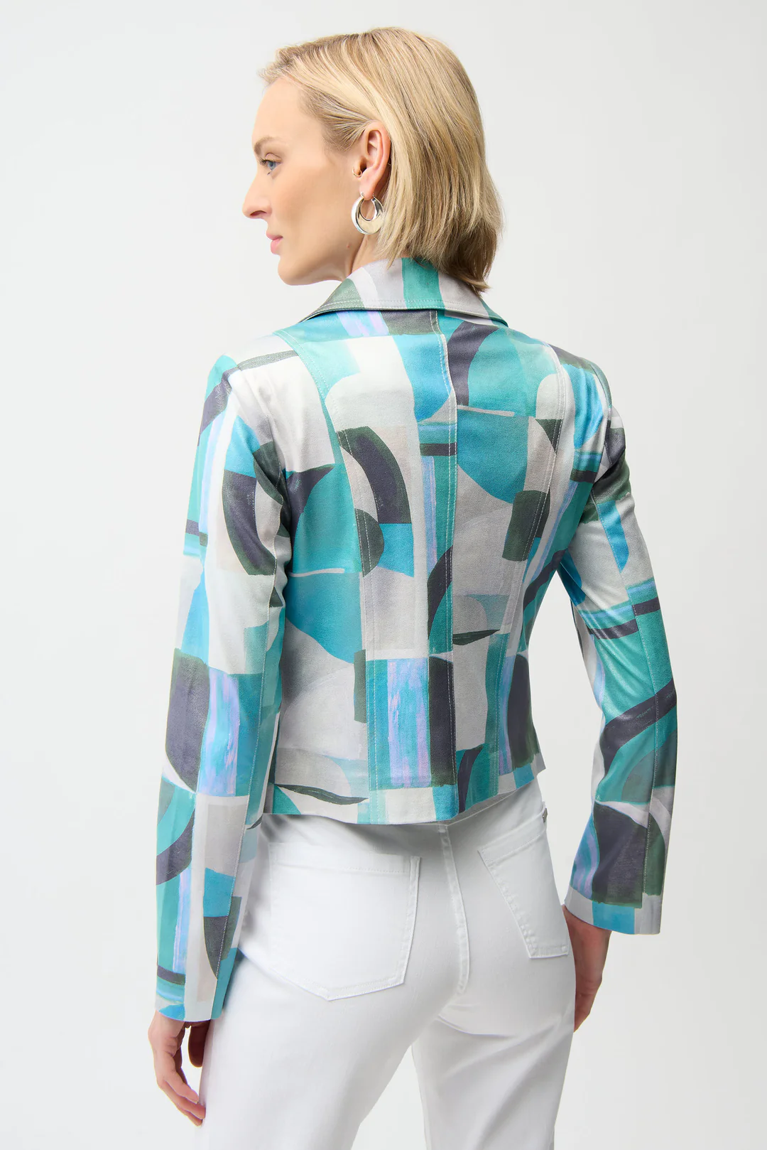 Joseph Ribkoff Green/Multi Geometric Faux Suede Moto Jacket 261911