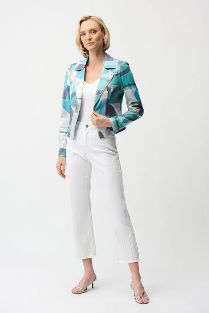 Joseph Ribkoff Green/Multi Geometric Faux Suede Moto Jacket 261911