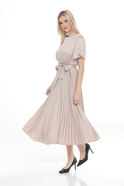 Joseph Ribkoff Sand Pleated Satin Midi Fit and Flare Dress 261752