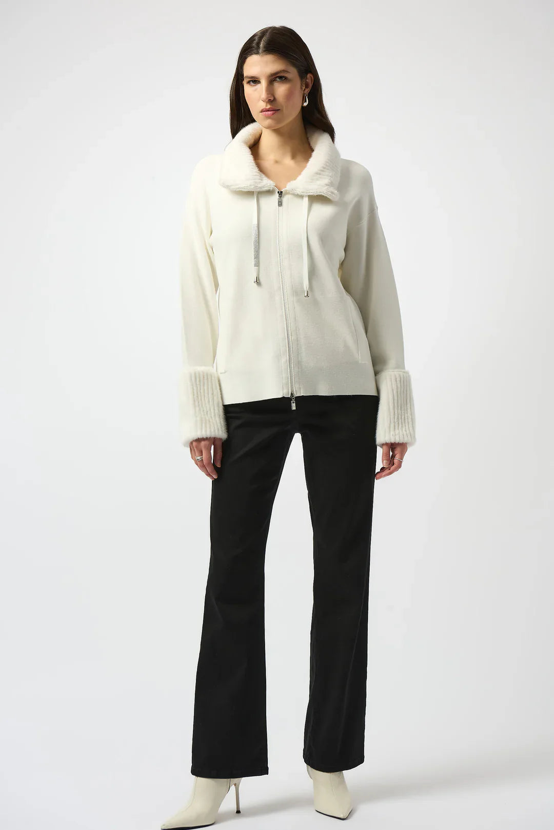 Joseph Ribkoff Sweater Knit Fur Trim Long Sleeve Jacket 253905