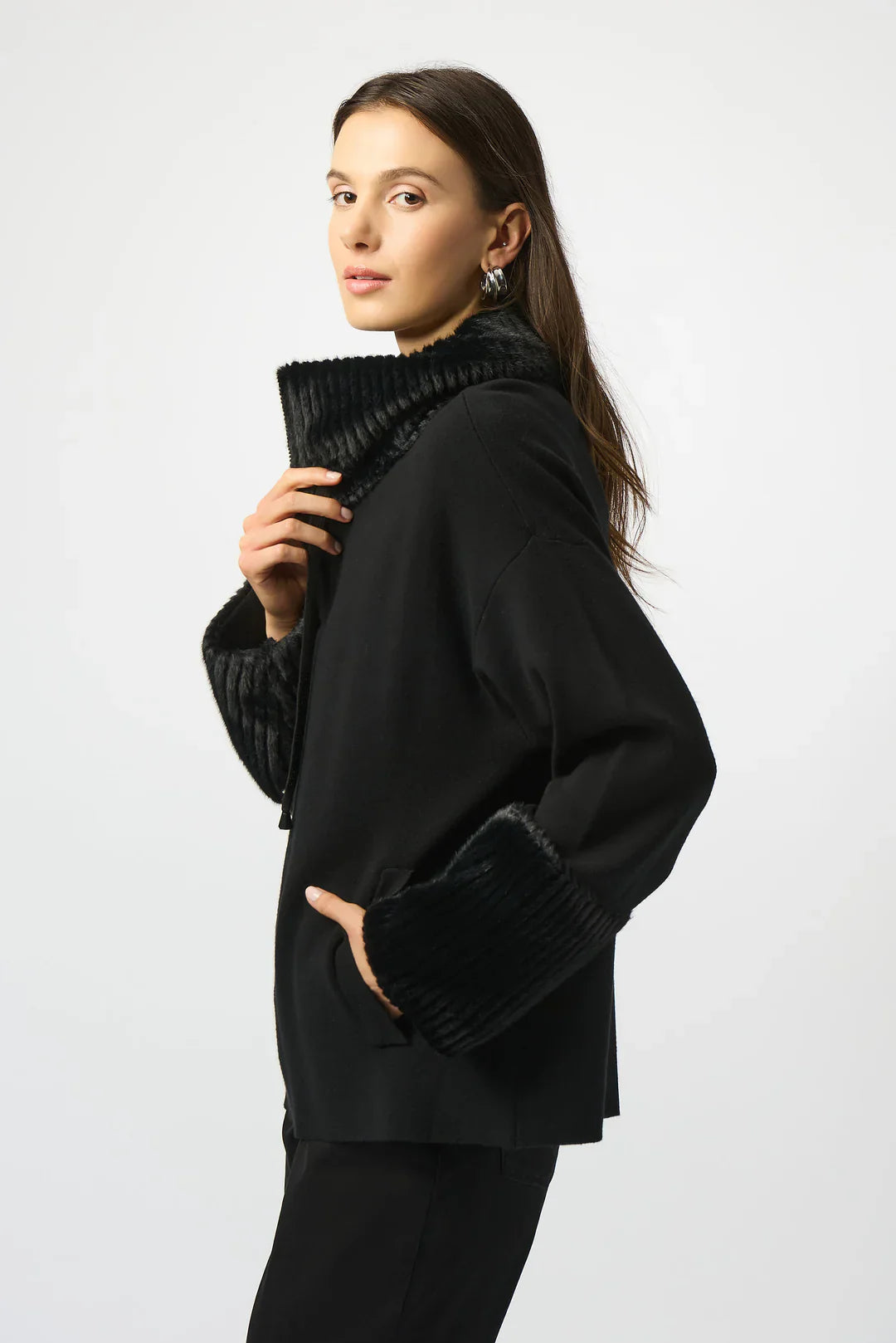 Joseph Ribkoff Sweater Knit Fur Trim Long Sleeve Jacket 253905