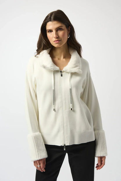 Joseph Ribkoff Sweater Knit Fur Trim Long Sleeve Jacket 253905