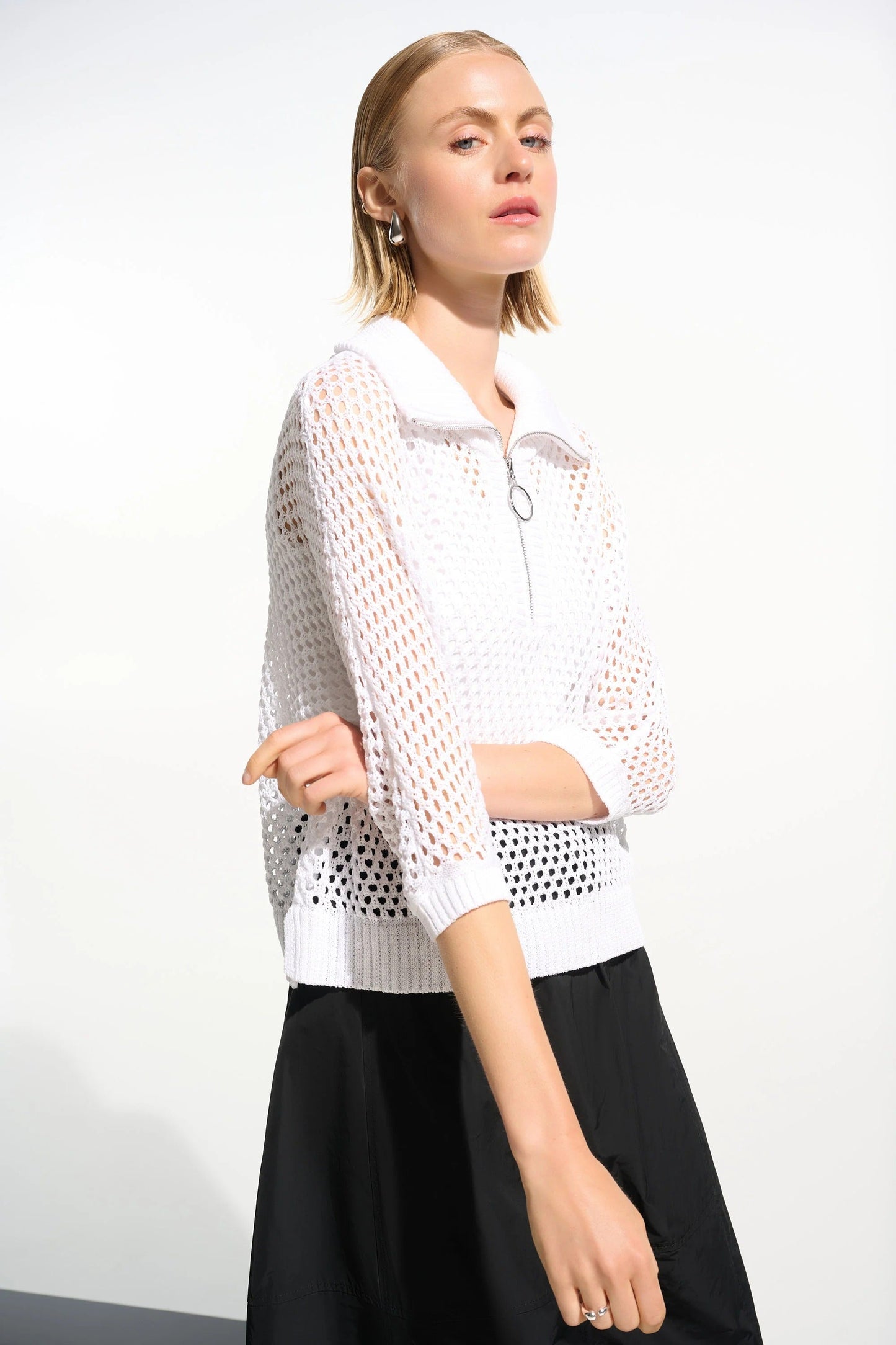 Joseph Ribkoff Open Knit Zip Front Boxy Sweater Top 261634