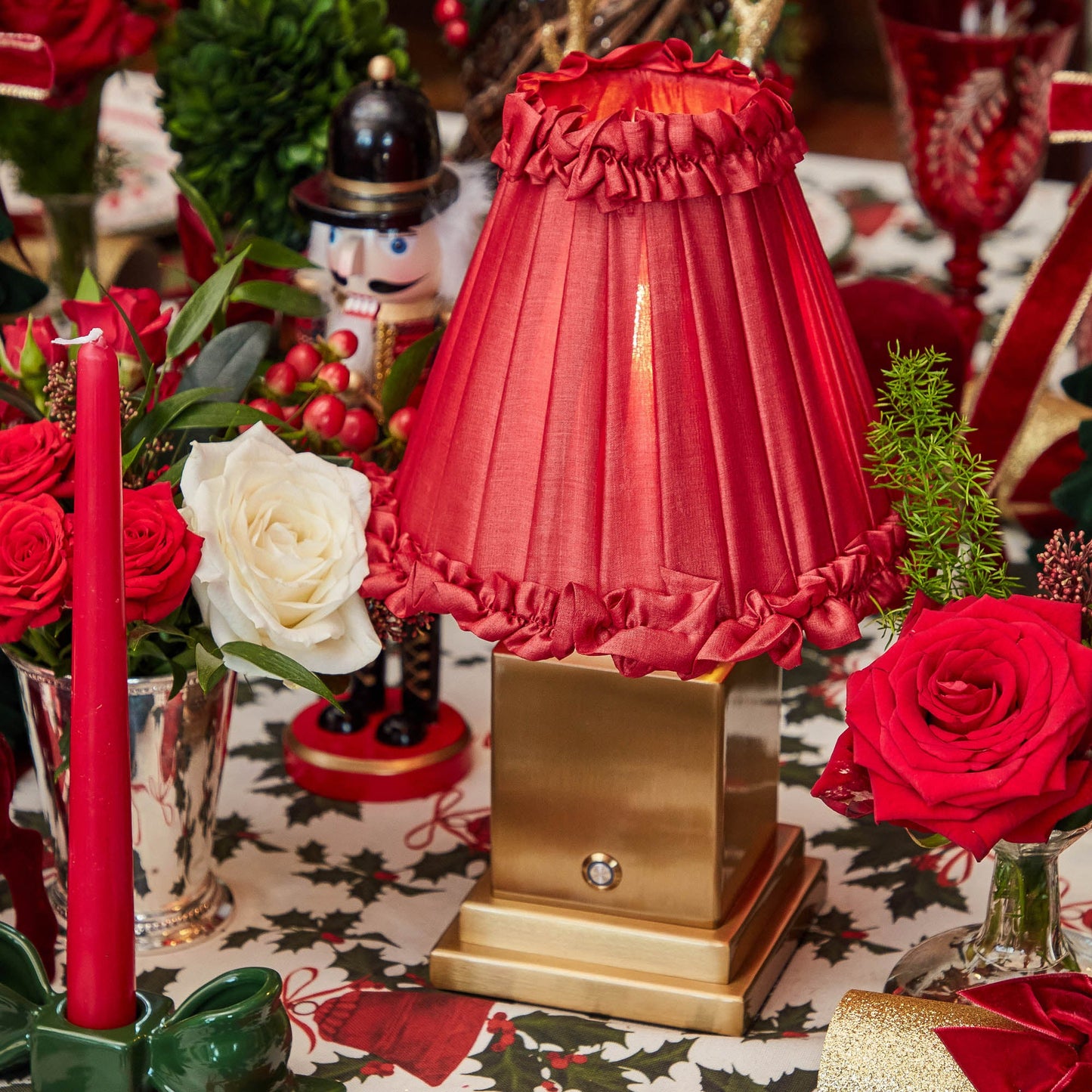 Square Rechargeable Lamp with Red Frilled Silk Shade (18cm)