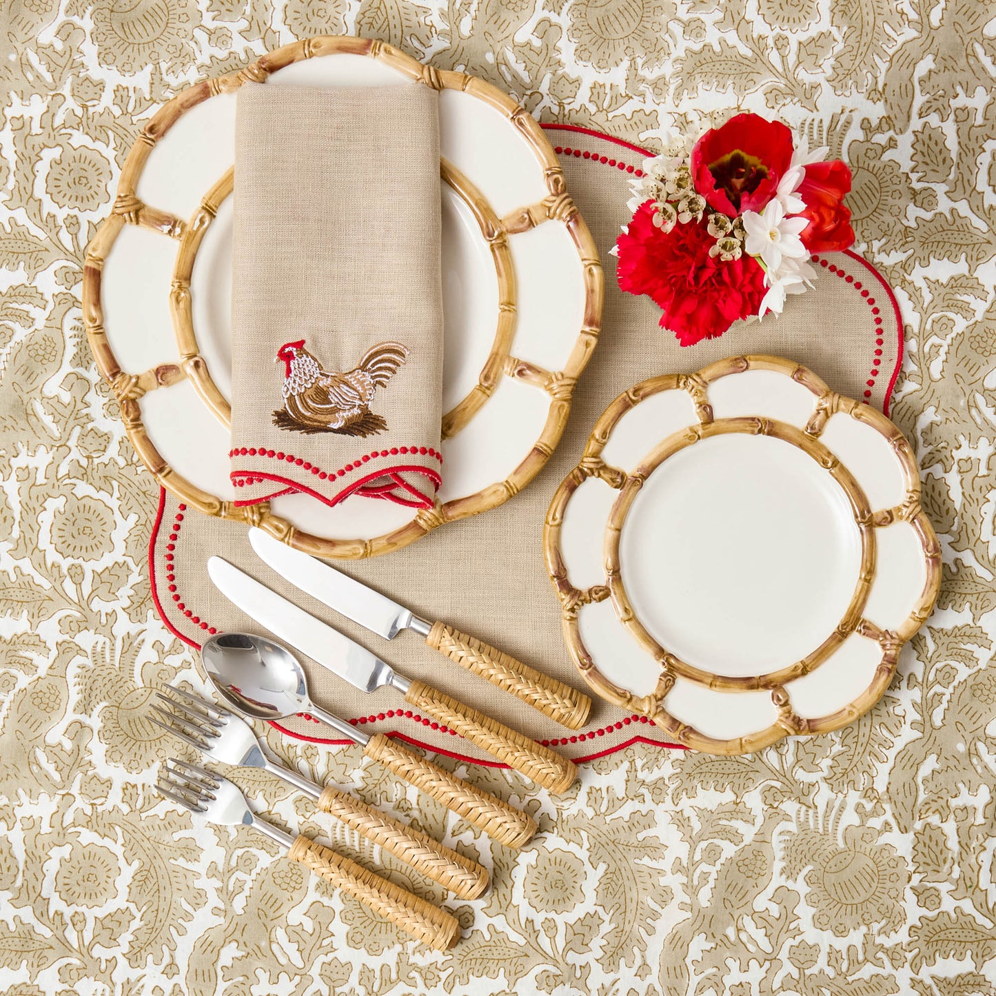 Putty & Red Eloise Linen Placemats & Henrietta Hen Napkins (Set of 4)