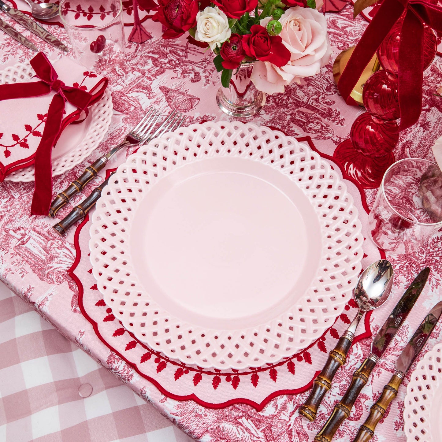 Pink Basketweave Dinner & Starter Plates (Set of 8)