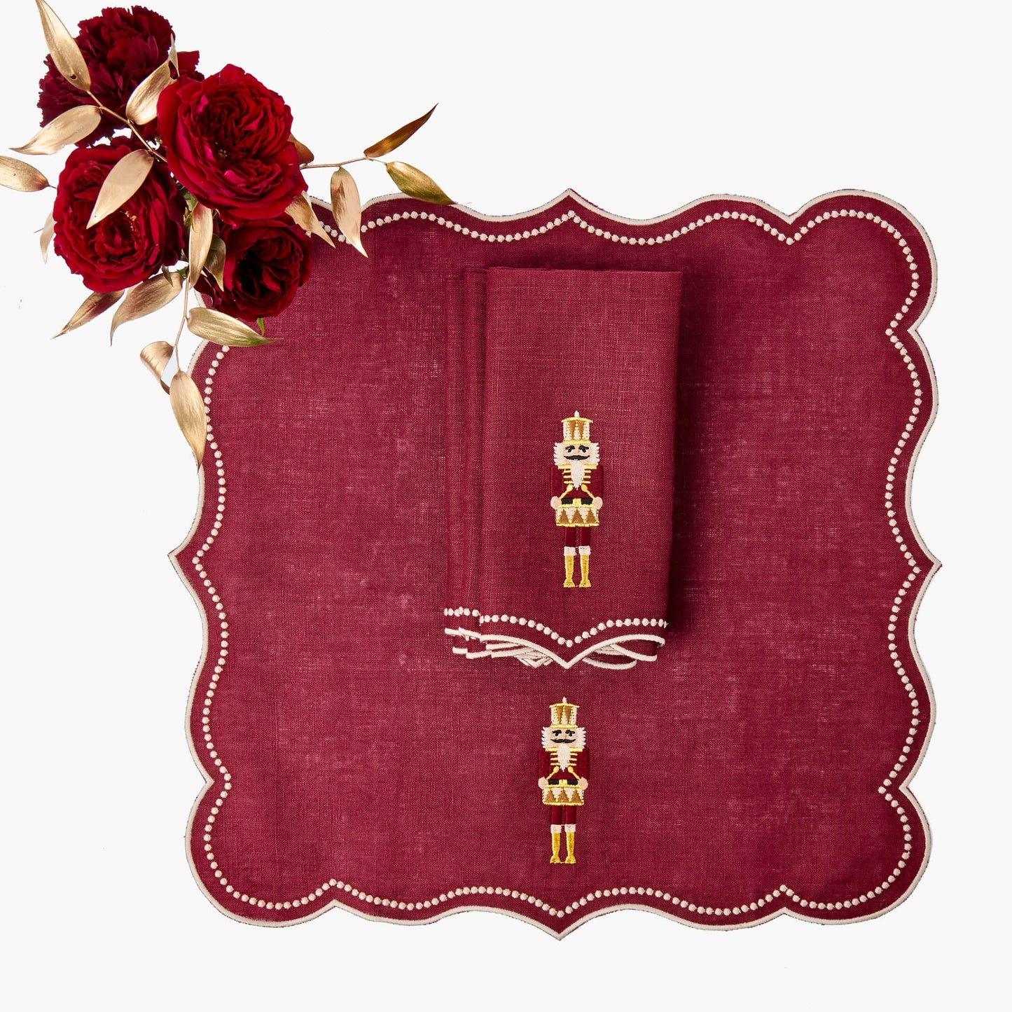 Burgundy Nutcracker Embroidered Linen Napkins (Set of 4)
